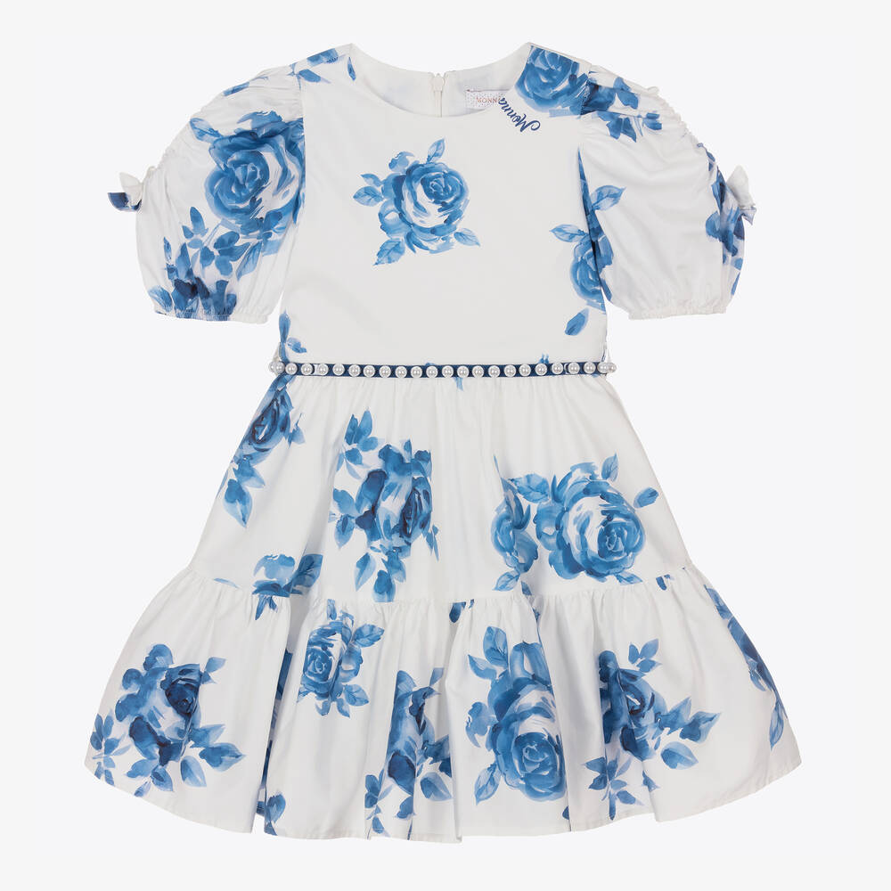 Monnalisa Chic - Girls Ivory & Blue Floral Dress | Childrensalon