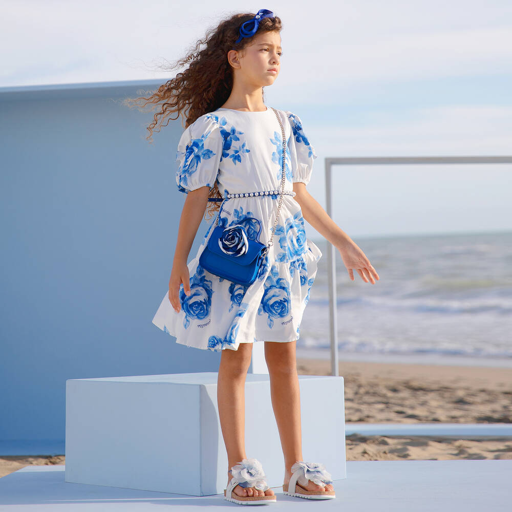 Monnalisa Chic Girls Ivory Blue Floral Dress