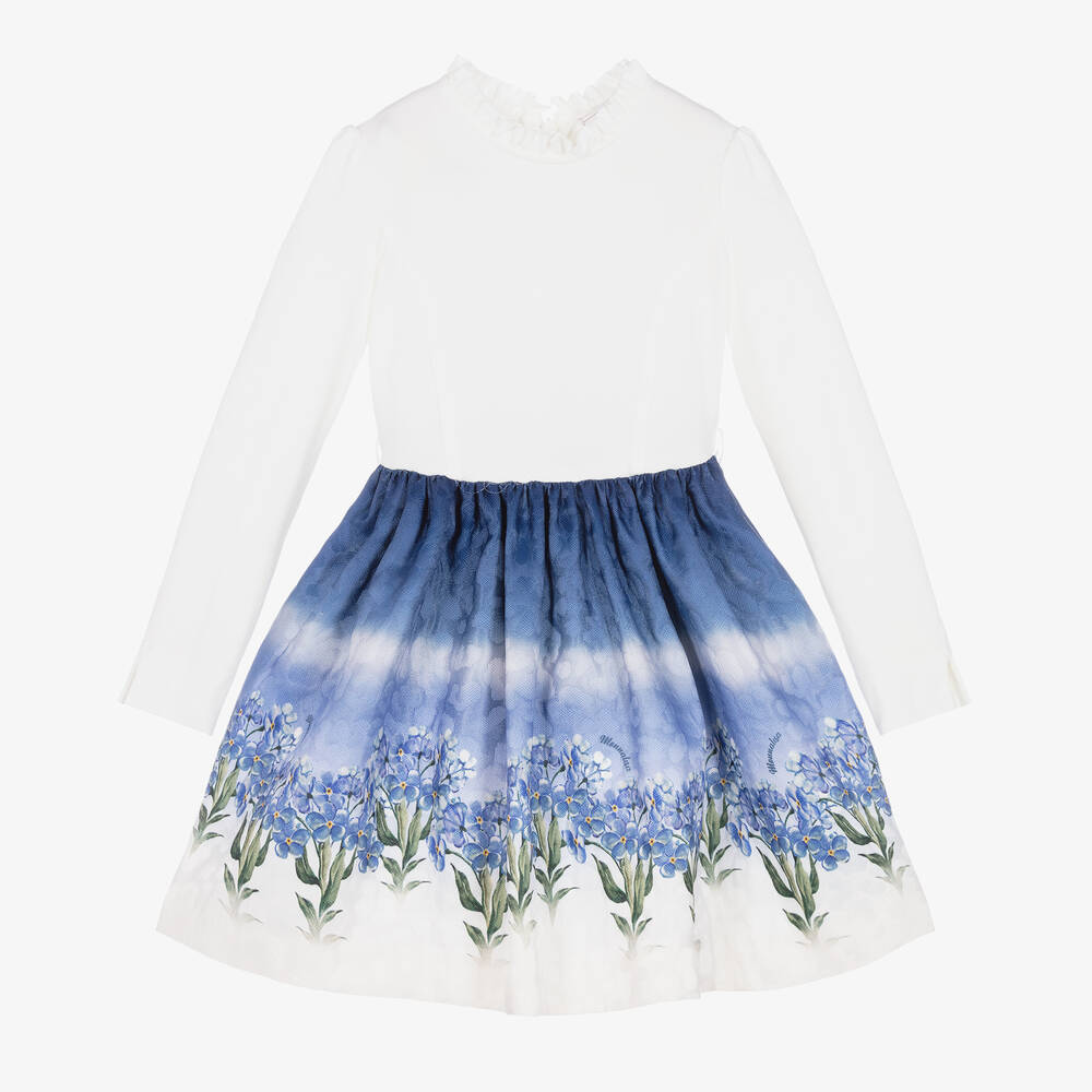 Monnalisa-Girls Ivory & Blue Floral Print Dress | Childrensalon Outlet