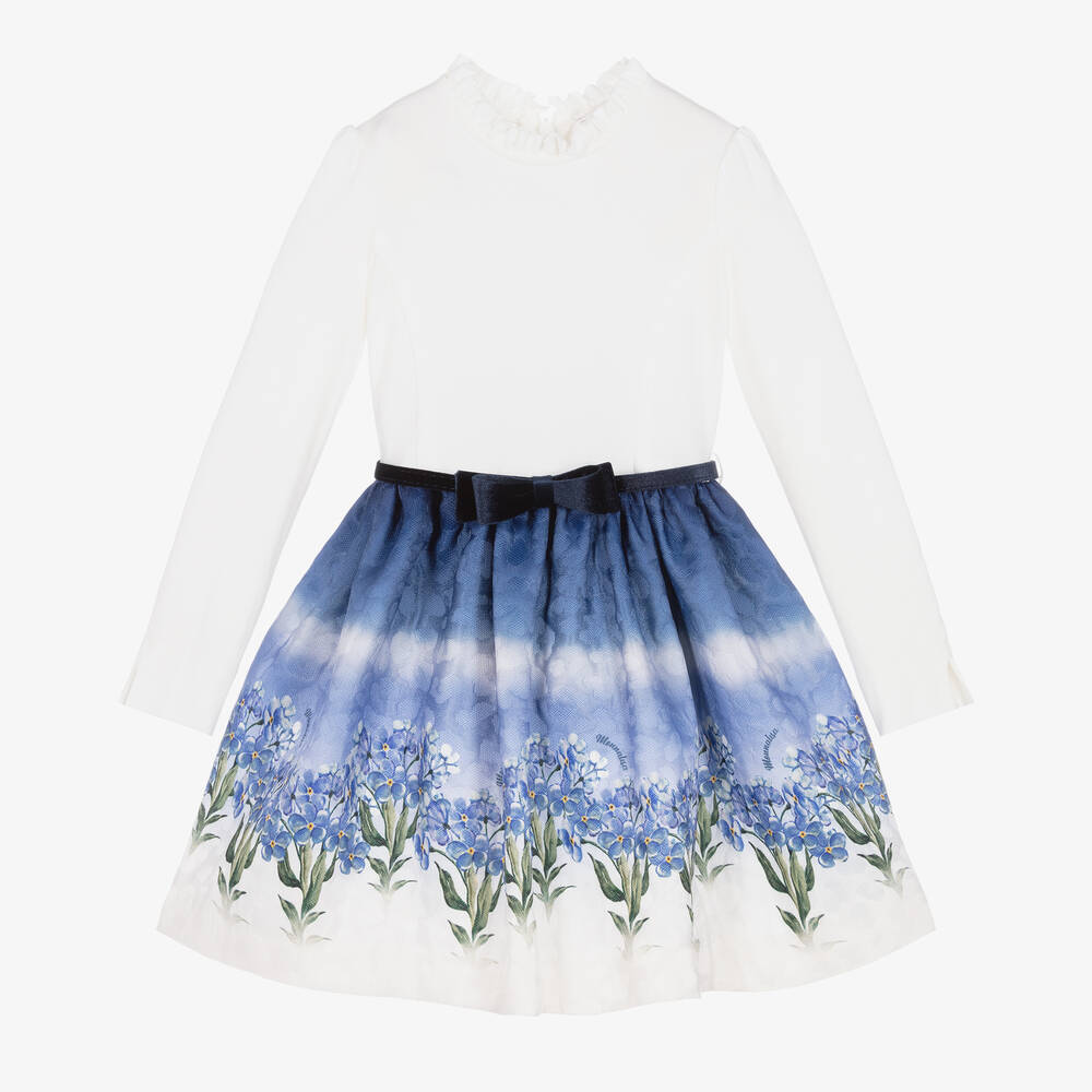 Monnalisa - Girls Ivory & Blue Floral Print Dress | Childrensalon