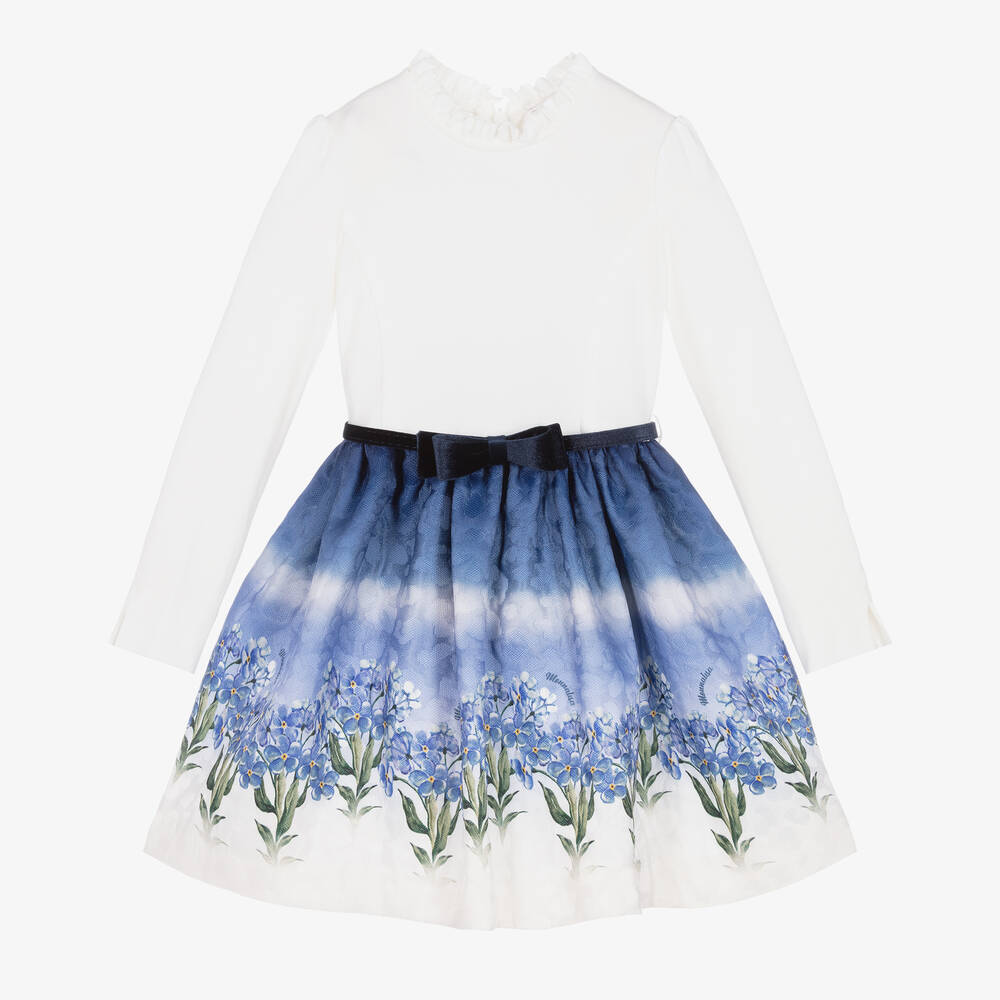 Monnalisa-Girls Ivory & Blue Floral Print Dress | Childrensalon Outlet