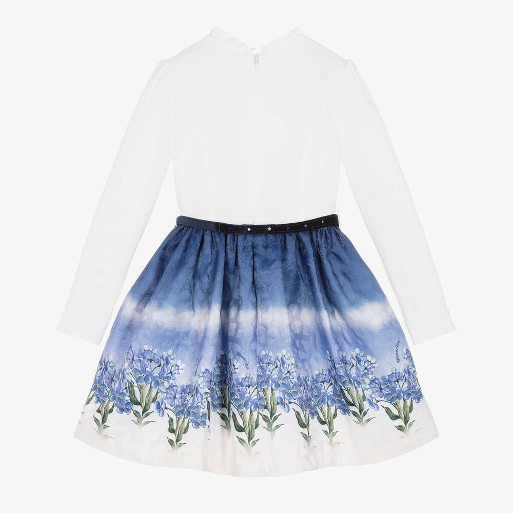 Monnalisa-Girls Ivory & Blue Floral Print Dress | Childrensalon Outlet