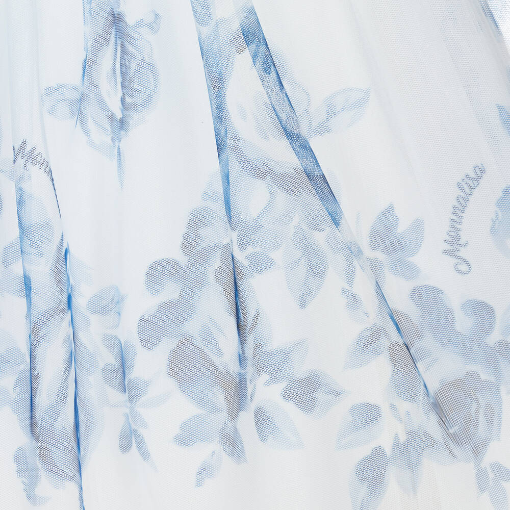 Monnalisa-Girls Ivory & Blue Floral Tulle Dress | Childrensalon Outlet