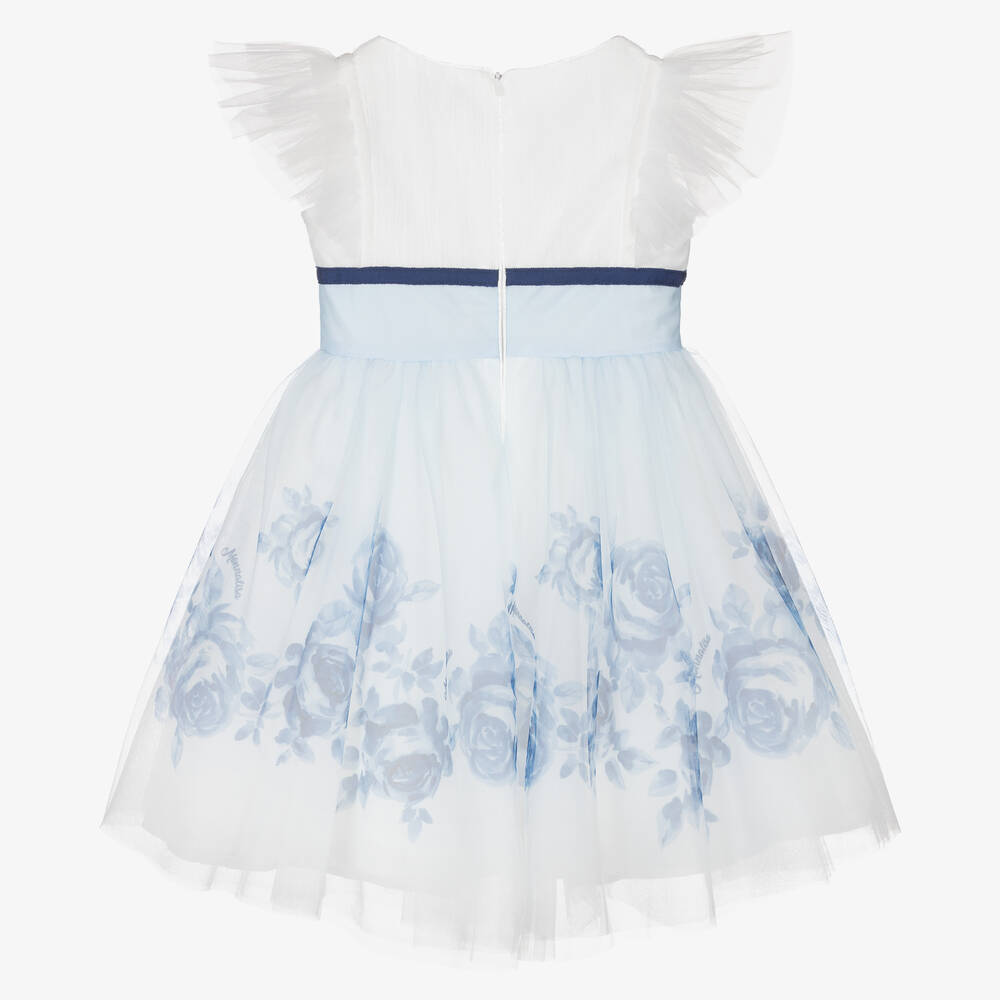 Monnalisa-Girls Ivory & Blue Floral Tulle Dress | Childrensalon Outlet