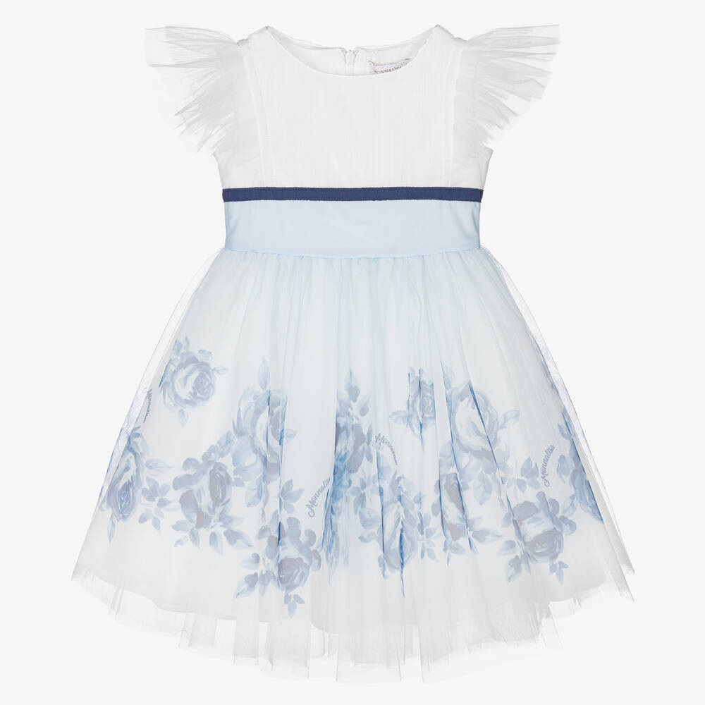 Monnalisa - Girls Ivory & Blue Floral Tulle Dress | Childrensalon