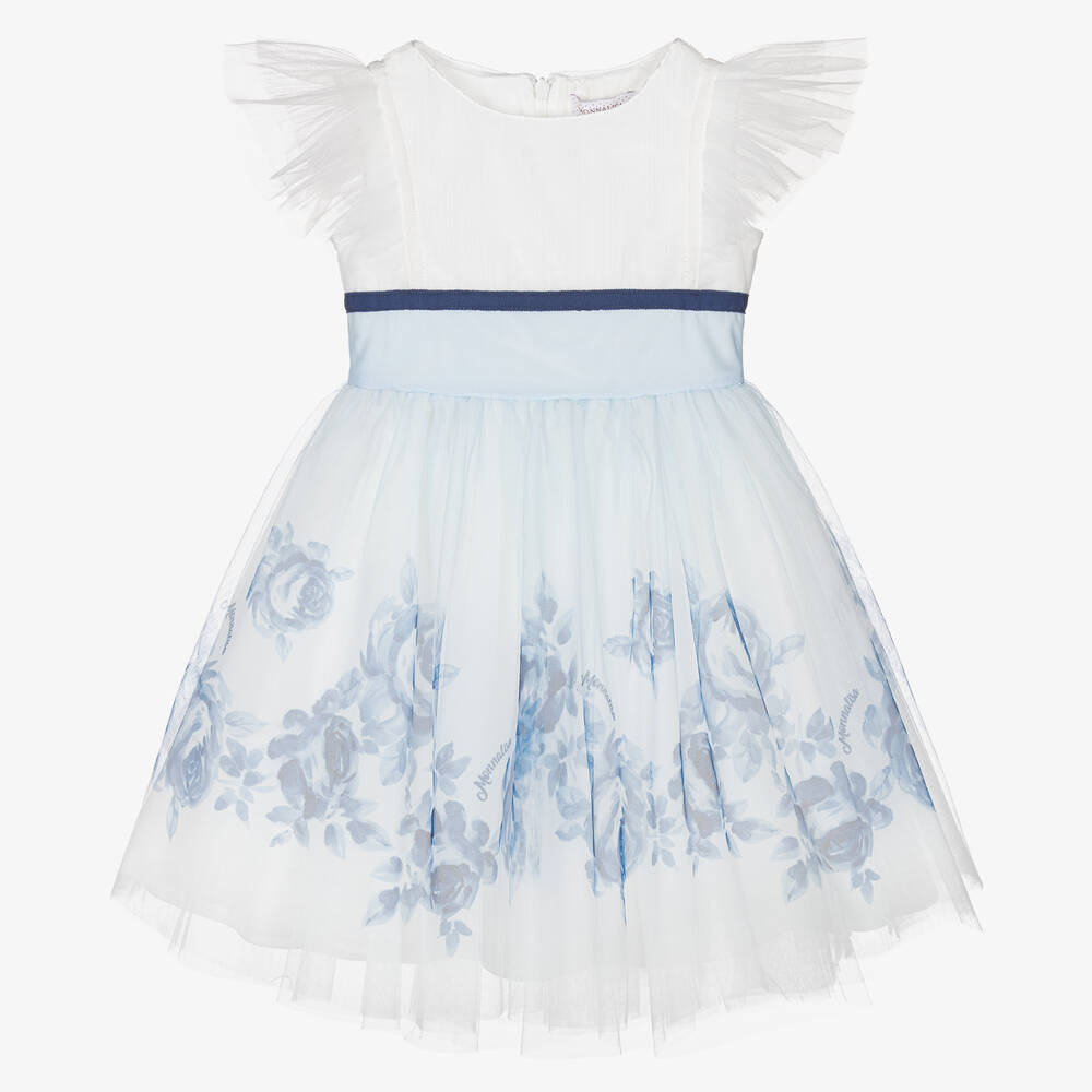 Monnalisa-Кремово-голубое платье из тюля с цветами | Childrensalon Outlet