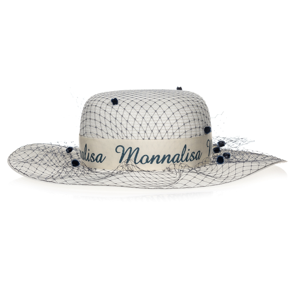 Monnalisa - Girls Ivory & Blue Straw Hat | Childrensalon