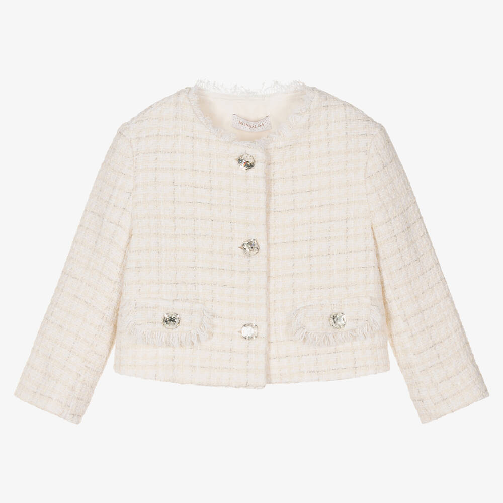 Monnalisa Chic - Girls Ivory Bouclé Tweed Jacket | Childrensalon
