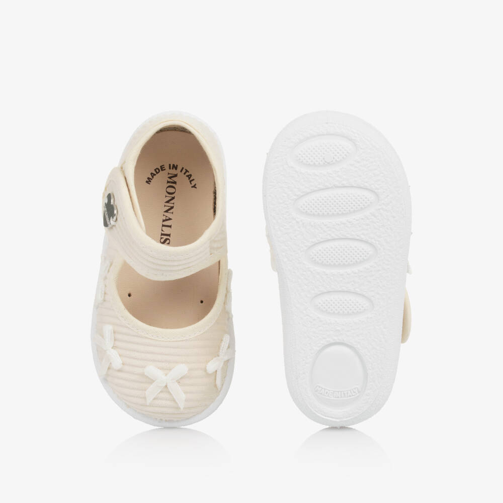 Monnalisa-Girls Ivory Corduroy Bow Bar Shoes | Childrensalon Outlet