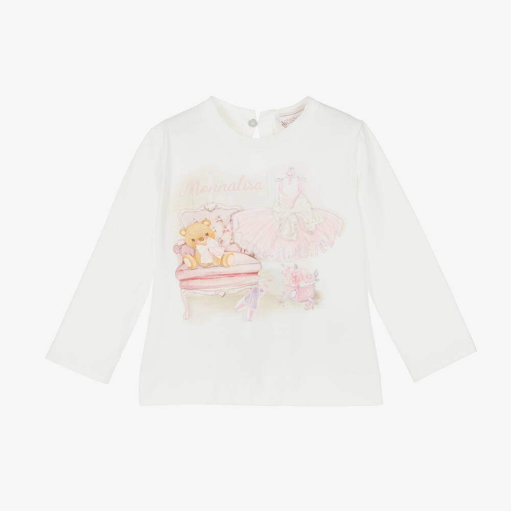 Monnalisa - Girls Ivory Cotton Ballerina Teddy Top | Childrensalon