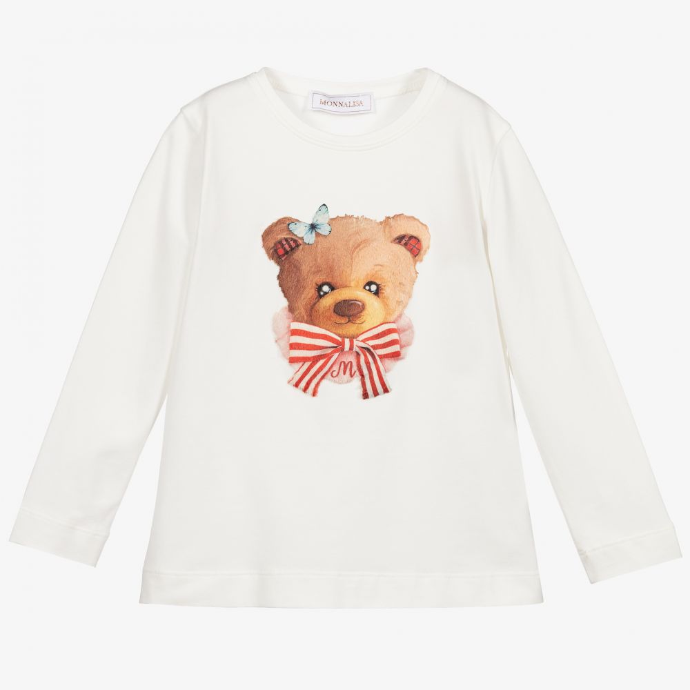 Monnalisa - Girls Ivory Cotton Bear Top | Childrensalon