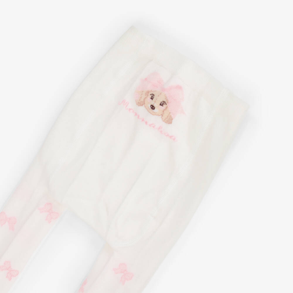 Monnalisa-Girls Ivory Cotton Bow & Puppy Tights | Childrensalon Outlet