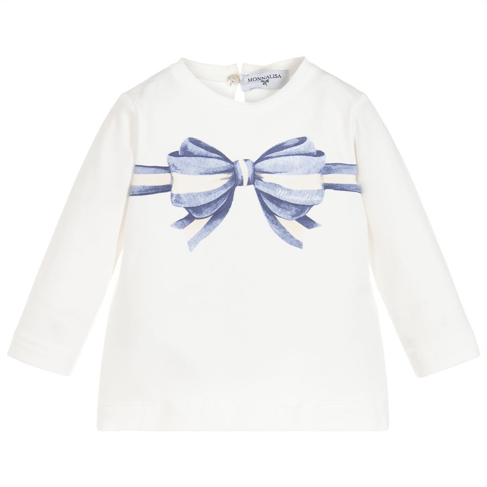 Monnalisa - Girls Ivory Cotton Bow Top | Childrensalon