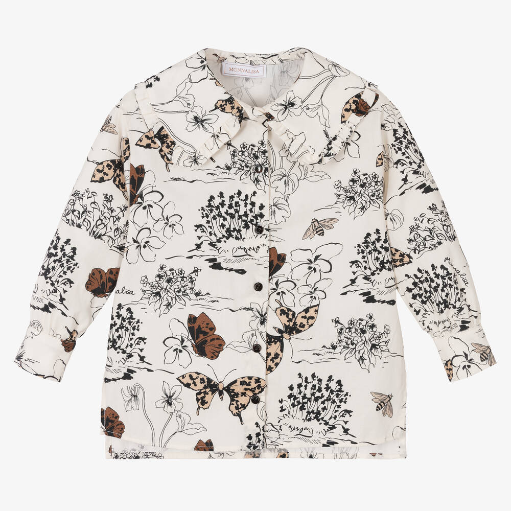 Monnalisa - Elfenbeinfarbene Schmetterling-Bluse aus Baumwolle für Mädchen | Childrensalon