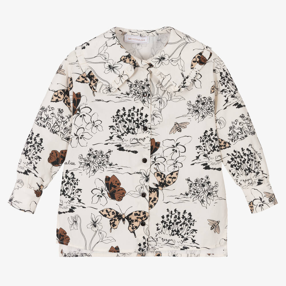 Monnalisa - Girls Ivory Cotton Butterfly Blouse | Childrensalon