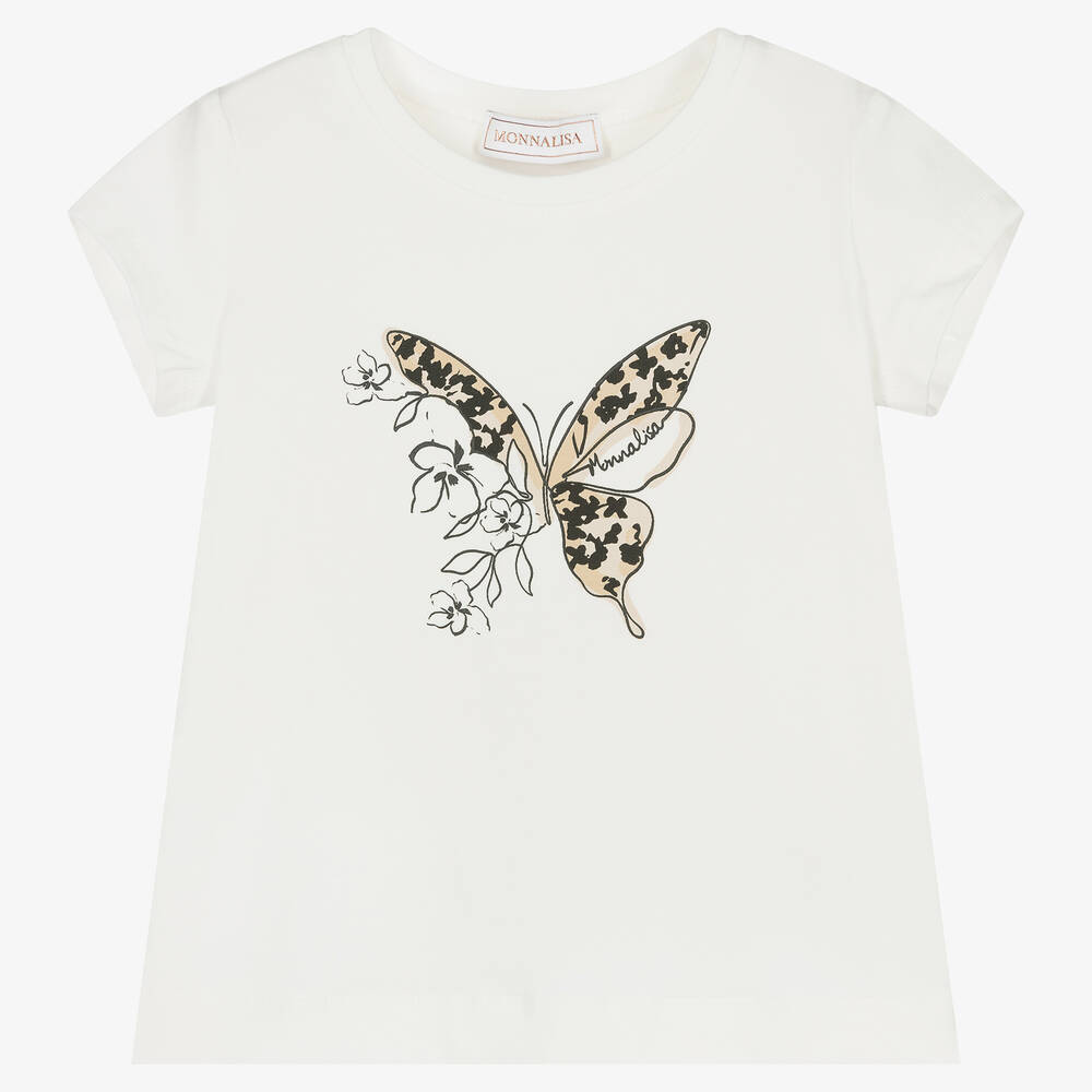Monnalisa - Girls Ivory Cotton Butterfly T-Shirt | Childrensalon