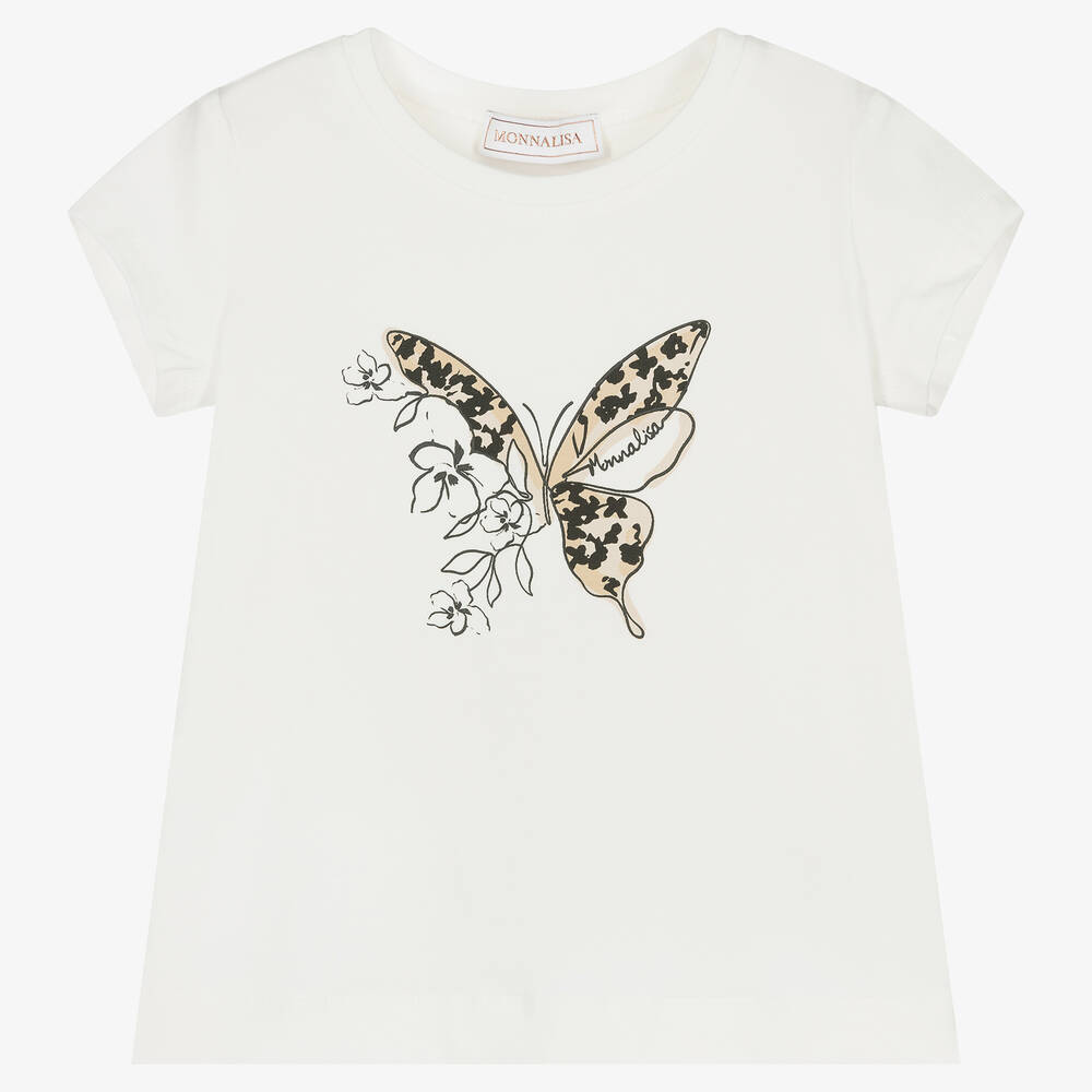 Monnalisa-Girls Ivory Cotton Butterfly T-Shirt | Childrensalon Outlet