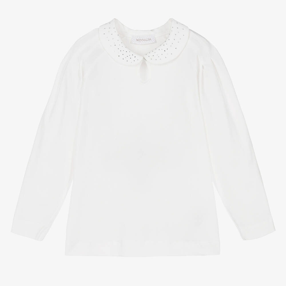 Monnalisa Chic-Girls Ivory Cotton Diamanté Collar Top | Childrensalon Outlet