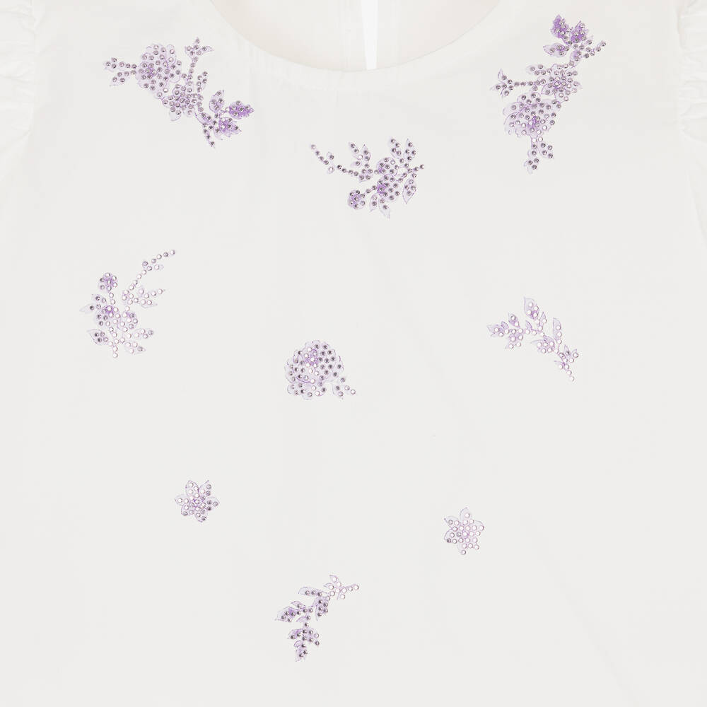 Monnalisa Шик-Кремовая хлопковая блузка с цветами из стразов для девочек | Childrensalon Outlet