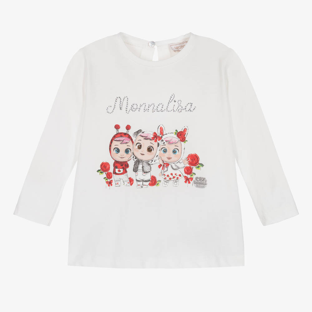 Monnalisa-Кремовый хлопковый топ со стразами | Childrensalon Outlet