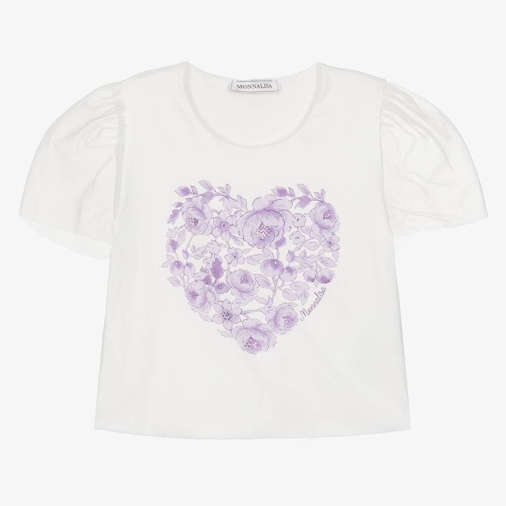 Monnalisa-Girls Ivory Cotton Floral Heart T-Shirt | Childrensalon Outlet