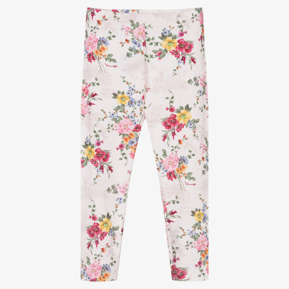 Monnalisa - Girls Ivory Cotton Floral Leggings | Childrensalon