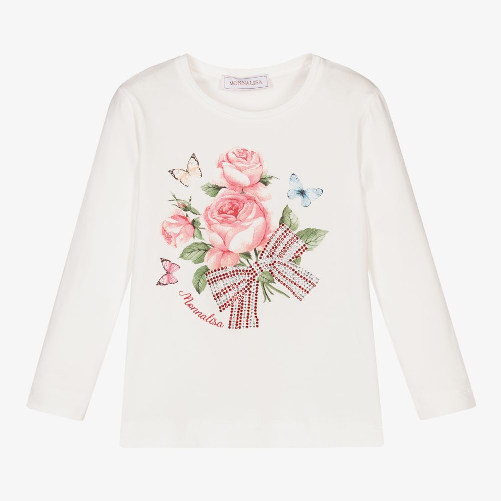 Monnalisa - Girls Ivory Cotton Floral Top | Childrensalon