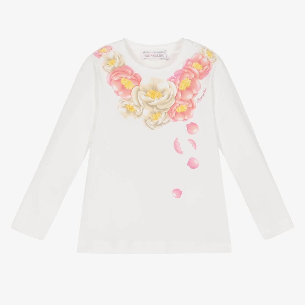 Monnalisa - Кремовый хлопковый топ с цветами для девочек | Childrensalon