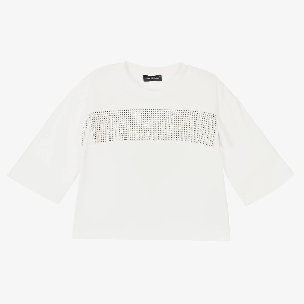 Monnalisa - Girls Ivory Cotton Fringe Top | Childrensalon