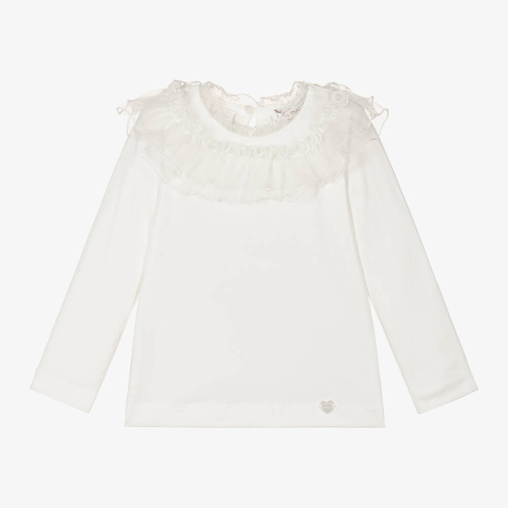 Monnalisa - Girls Ivory Cotton Jersey Collared Top | Childrensalon