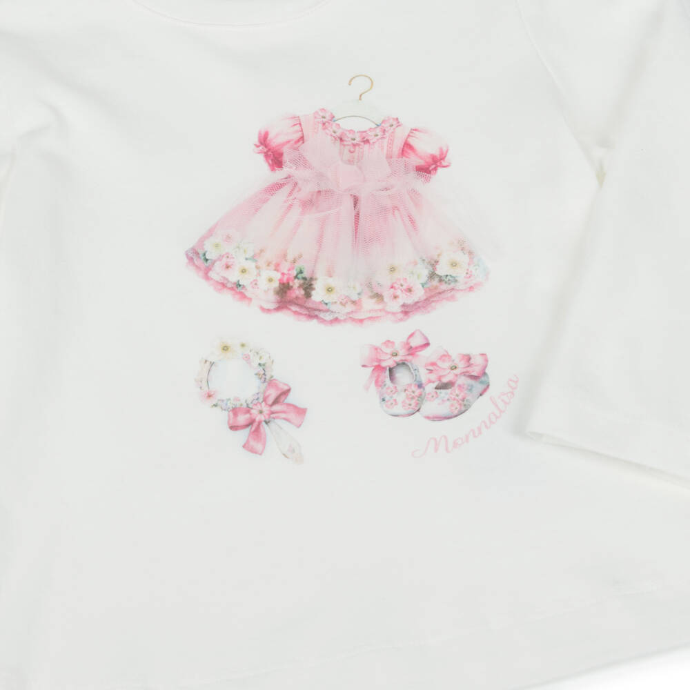 Monnalisa-Girls Ivory Cotton Jersey Top with Pink Dress Print | Childrensalon Outlet