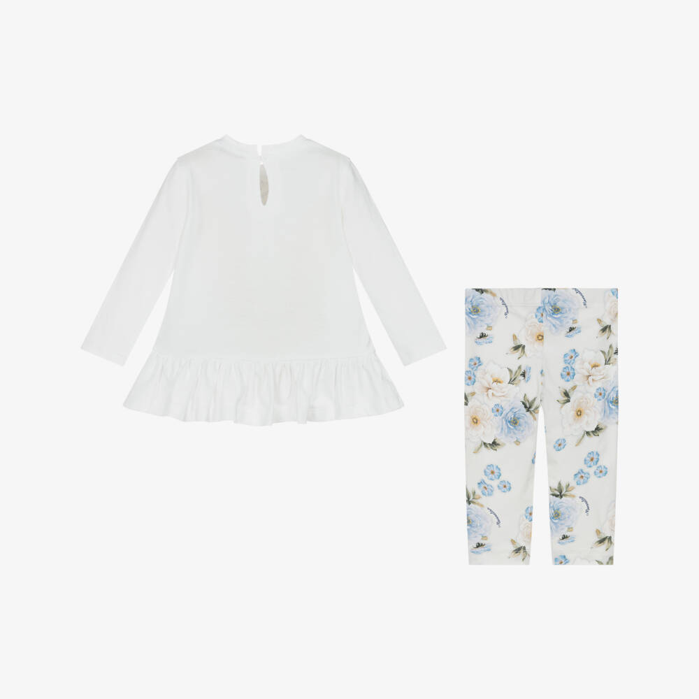 Monnalisa-Girls Ivory Cotton Leggings Set with Vintage Blue Rose Print | Childrensalon Outlet