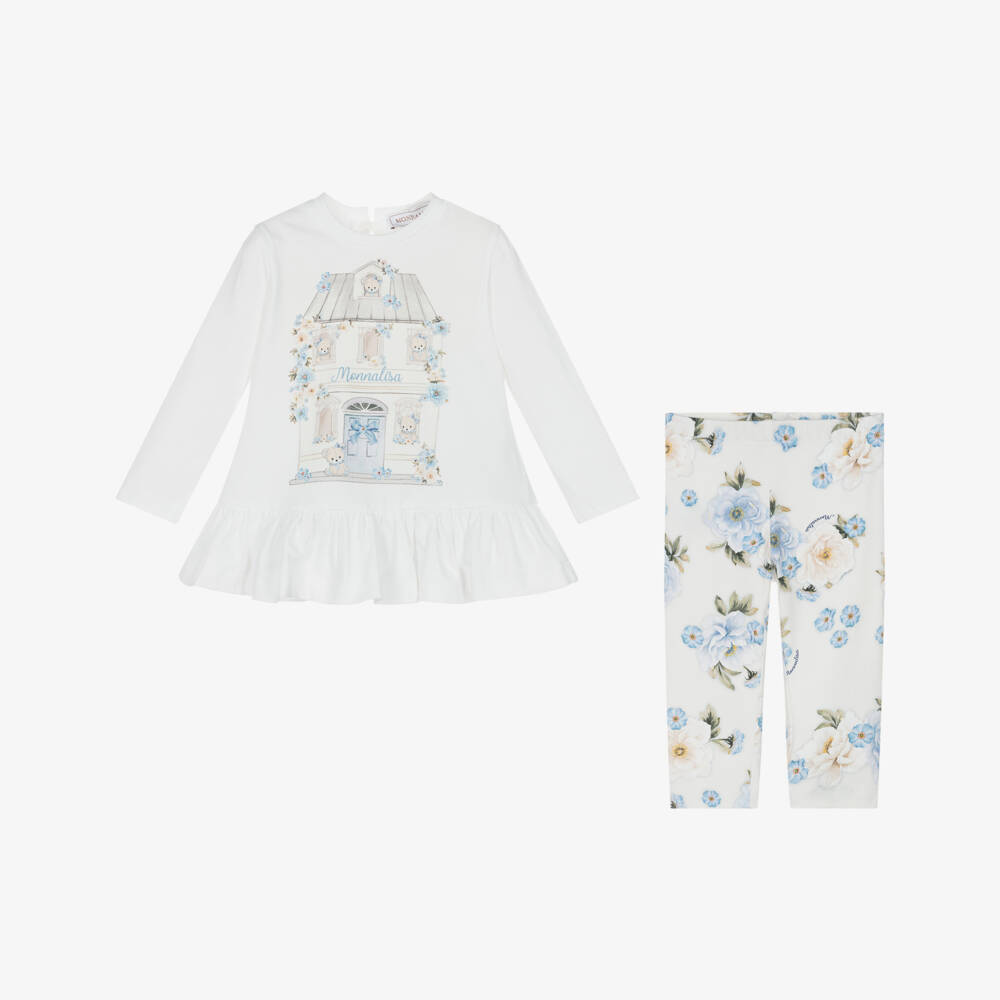 Monnalisa-Girls Ivory Cotton Leggings Set with Vintage Blue Rose Print | Childrensalon Outlet