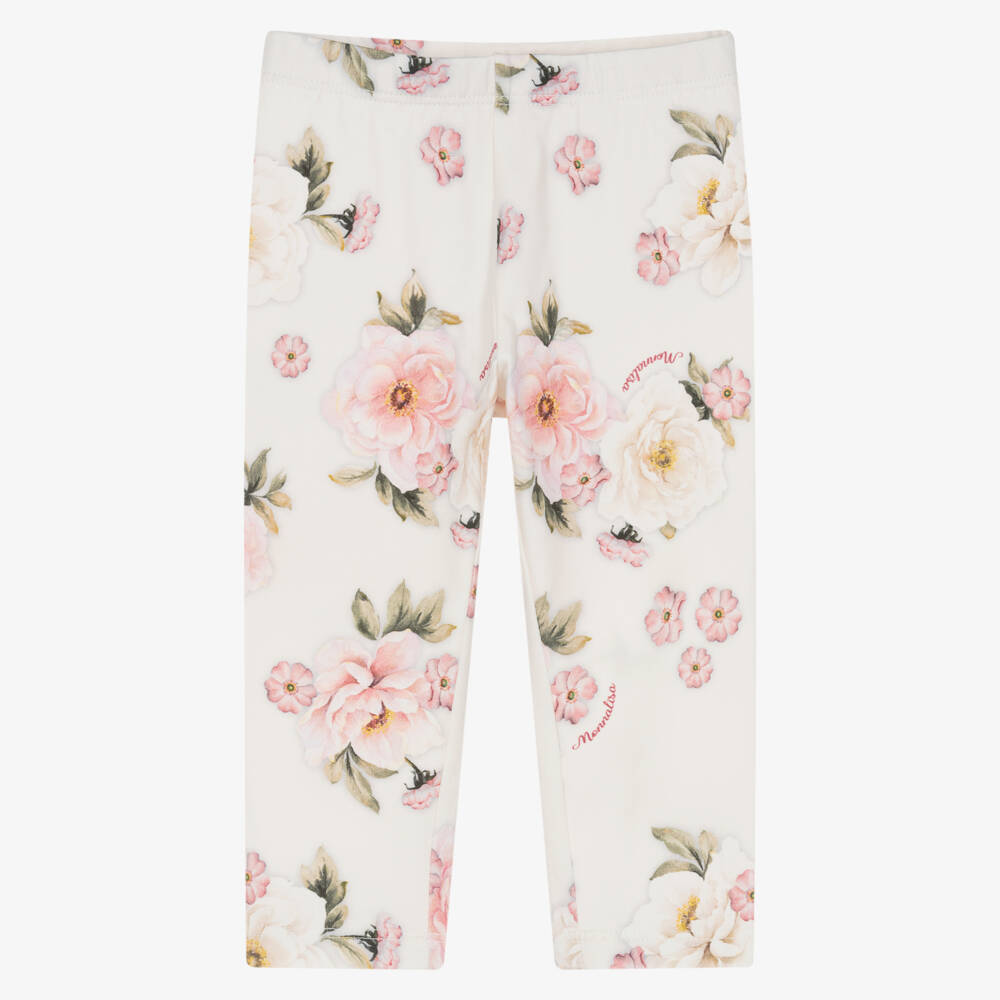 Monnalisa-Girls Ivory Cotton Leggings with Pink Floral Print | Childrensalon Outlet