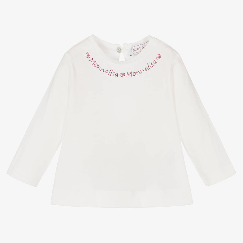 Monnalisa - Girls Ivory Cotton Logo Top | Childrensalon