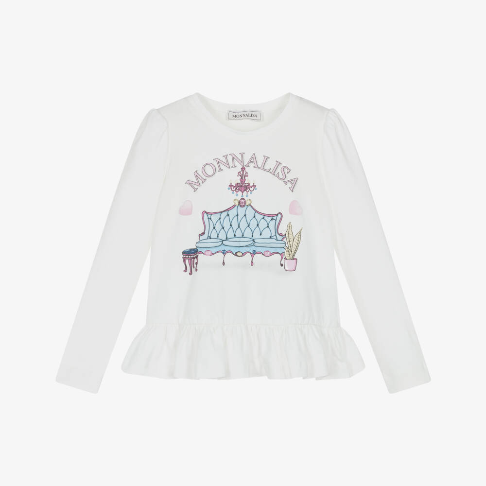 Monnalisa-بلوزة عاجية بأكمام طويلة ومزينة بالكشكش للبنات | Childrensalon Outlet