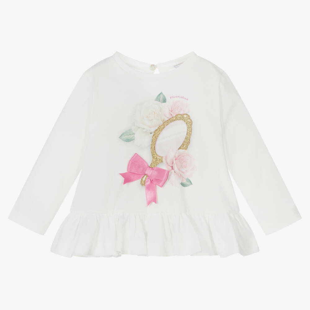 Monnalisa - Girls Ivory Cotton Mirror Top | Childrensalon