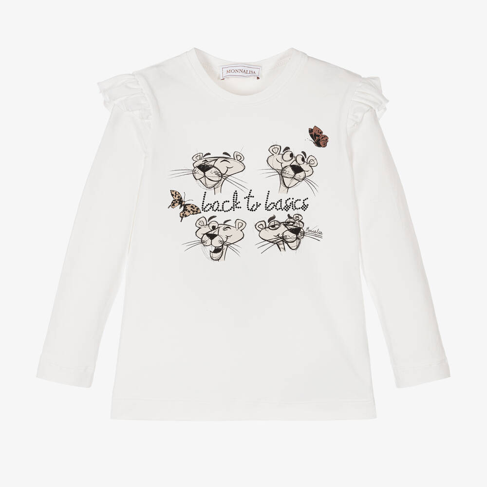 Monnalisa - Girls Ivory Cotton Pink Panther Top | Childrensalon