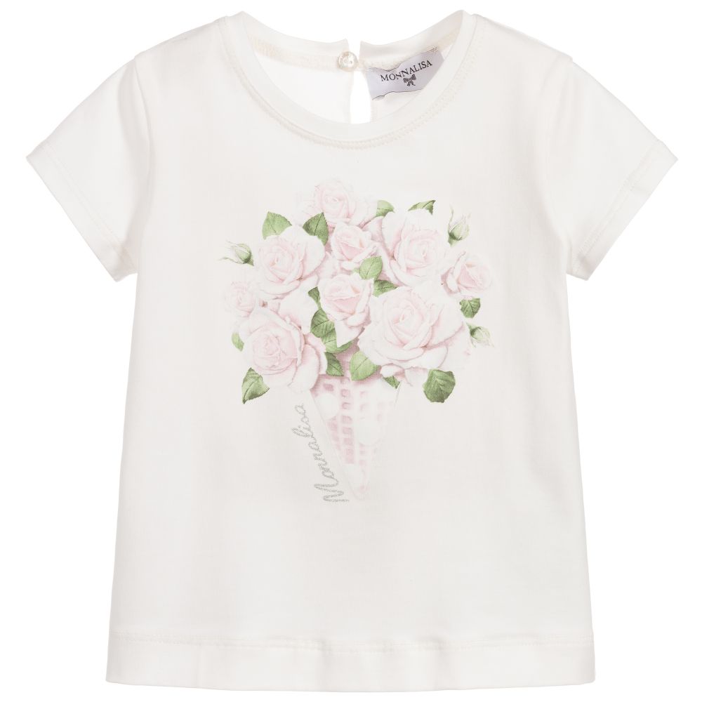 Monnalisa-Girls Ivory Cotton T-Shirt | Childrensalon Outlet