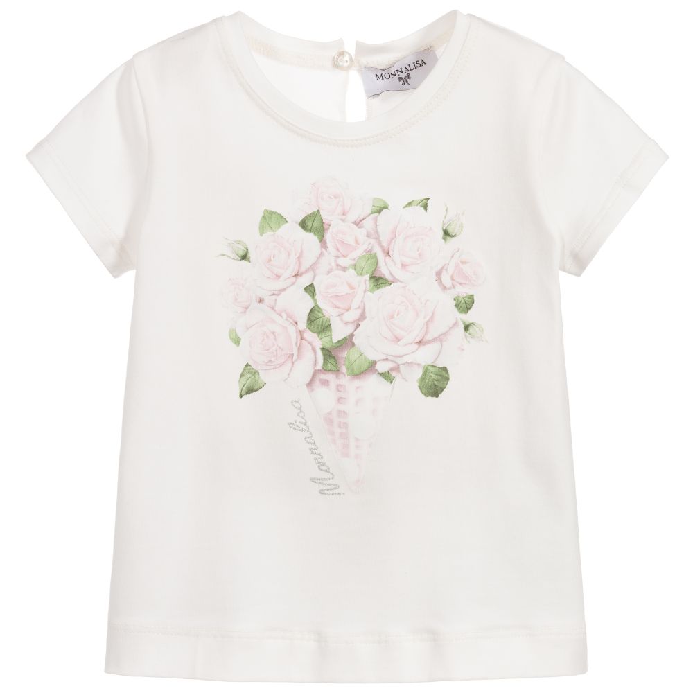 Monnalisa - Girls Ivory Cotton T-Shirt | Childrensalon