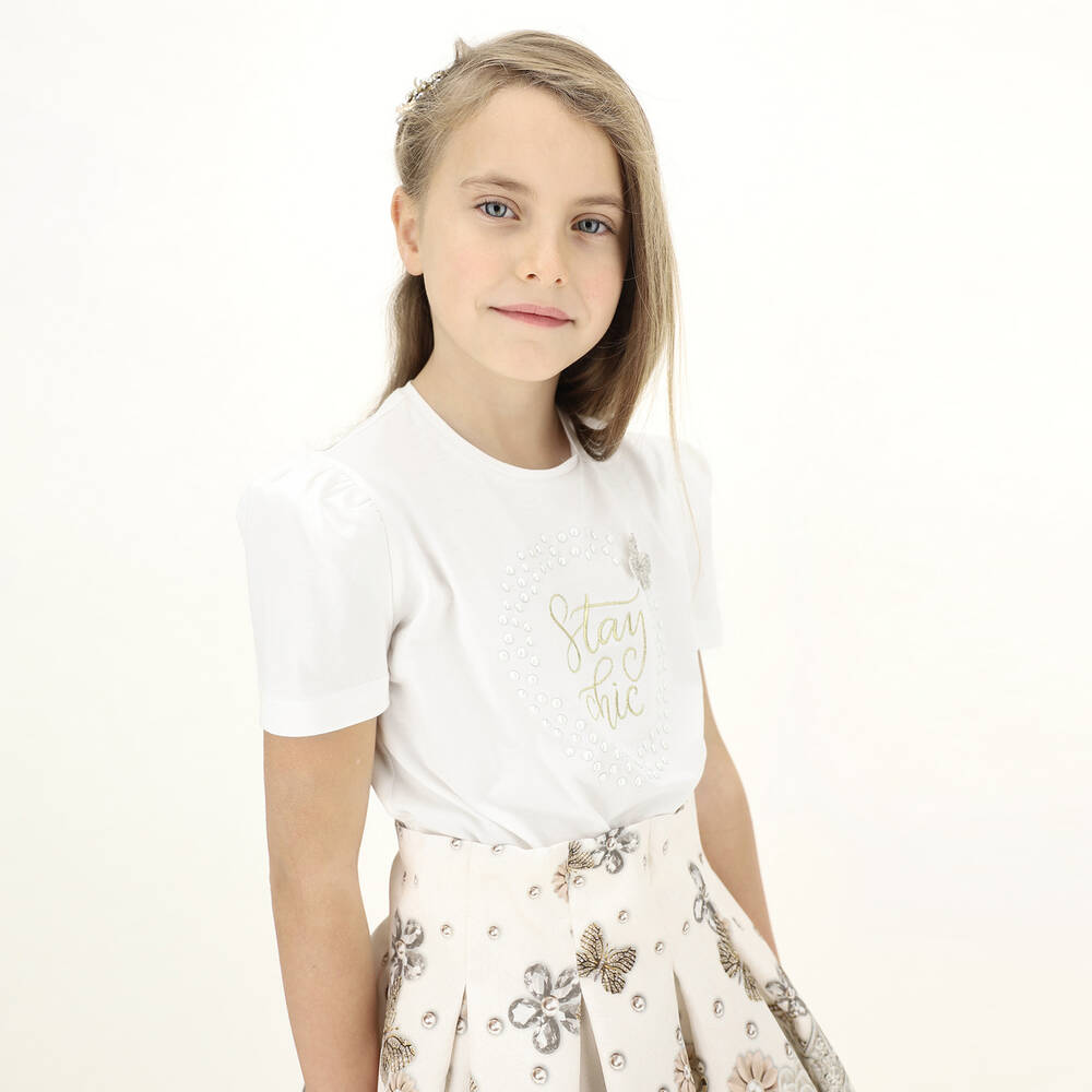 Monnalisa-Girls Ivory Cotton T-Shirt | Childrensalon Outlet