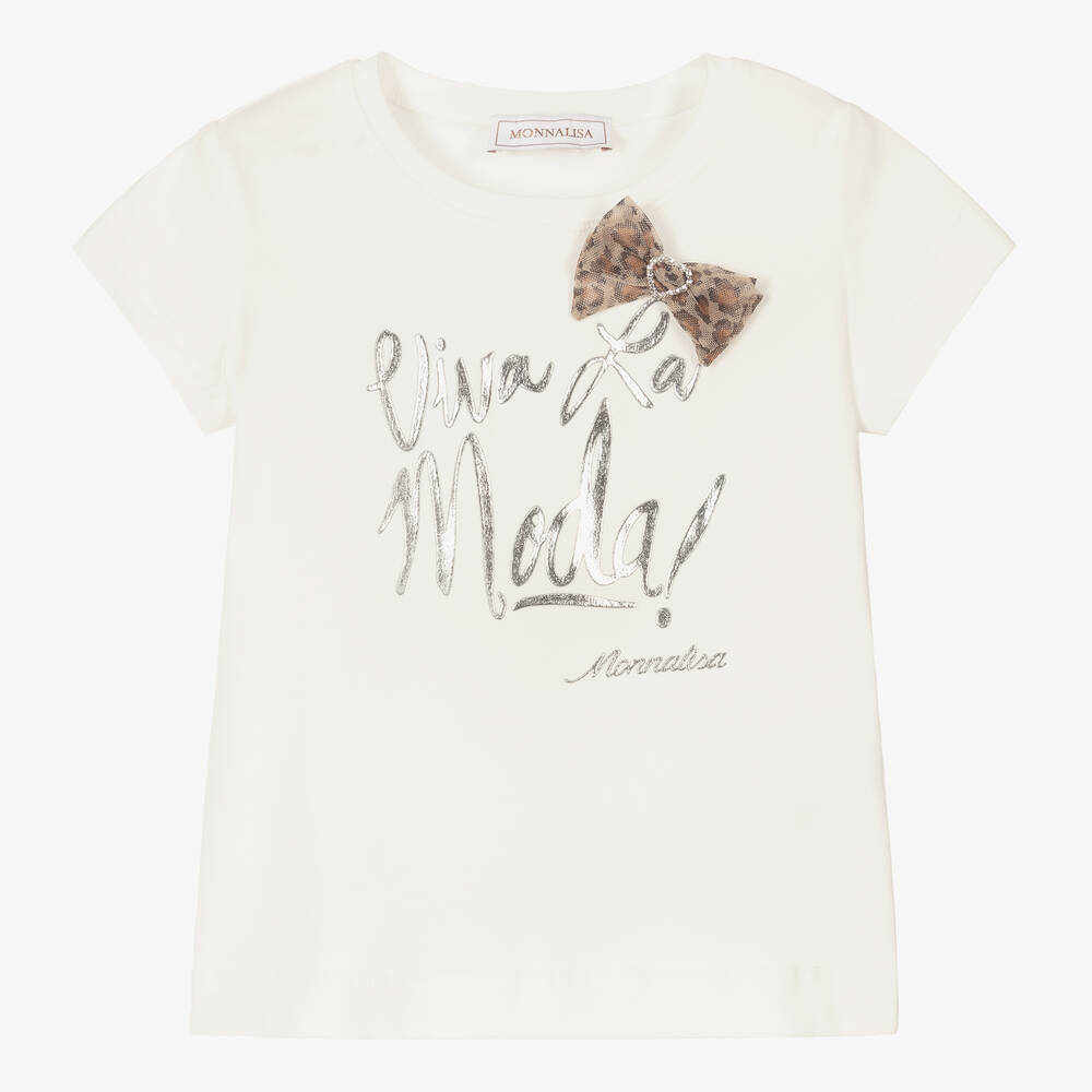 Monnalisa - Girls Ivory Cotton T-Shirt  | Childrensalon