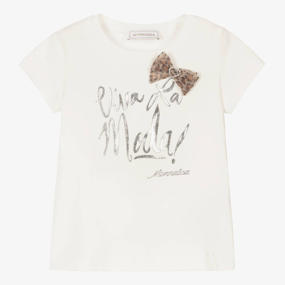 Monnalisa-Girls Ivory Cotton T-Shirt  | Childrensalon Outlet