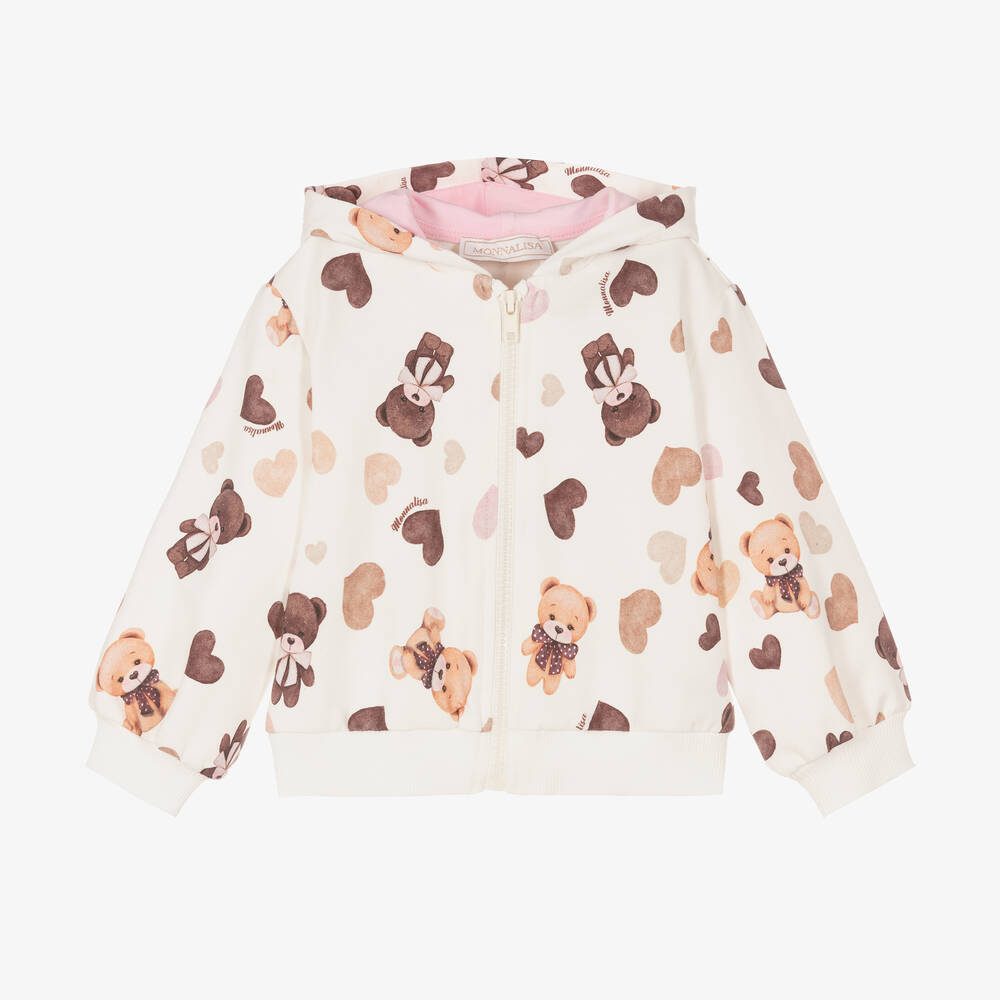 Monnalisa-توب بسحّاب بطبعة تيدي بير قطن جيرسي لون عاجي | Childrensalon Outlet