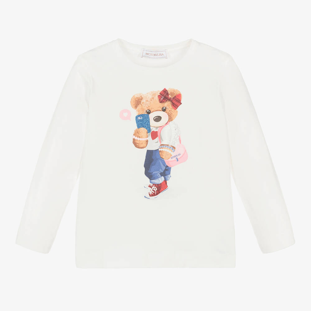 Monnalisa - Girls Ivory Cotton Teddy Top  | Childrensalon