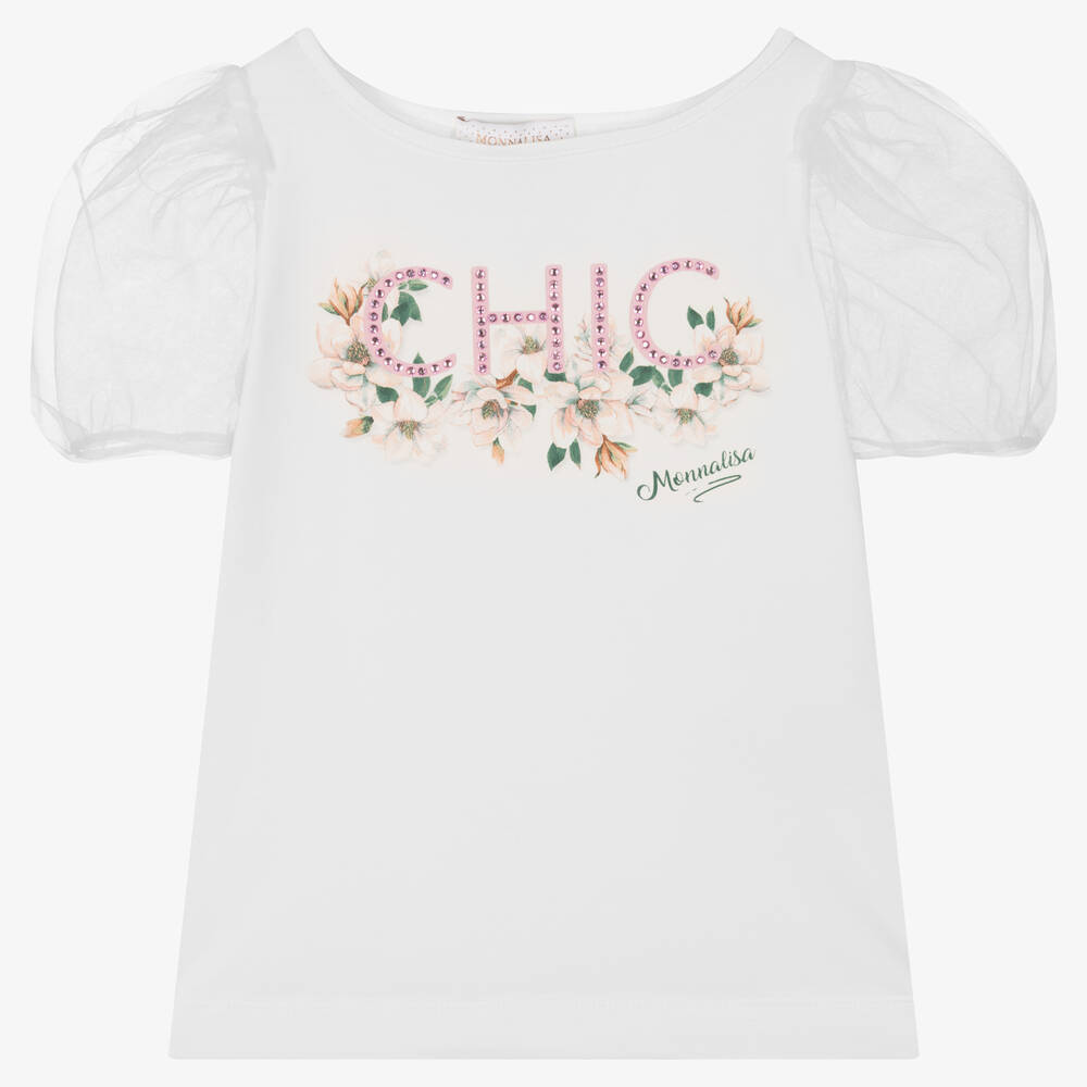 Monnalisa - Girls Ivory Cotton & Tulle T-Shirt | Childrensalon