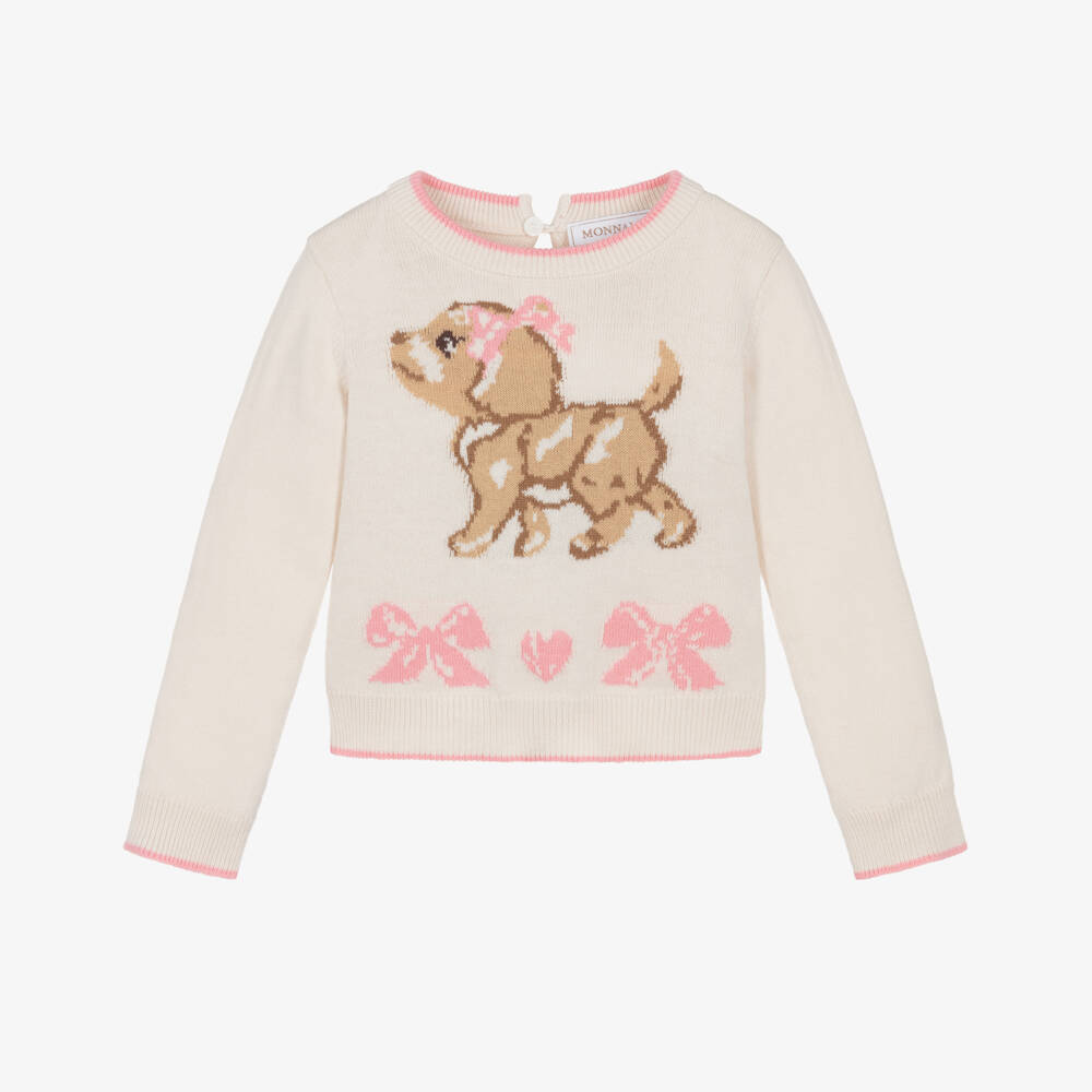 Monnalisa-Girls Ivory Cotton & Wool Knit Puppy Dog Sweater | Childrensalon Outlet