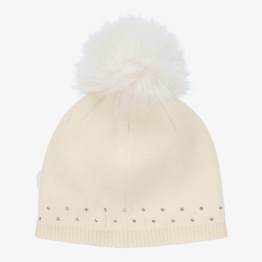 Monnalisa-قبعة بيني بوم- بوم مزينة بديامنتي لون عاجي للبنات | Childrensalon Outlet