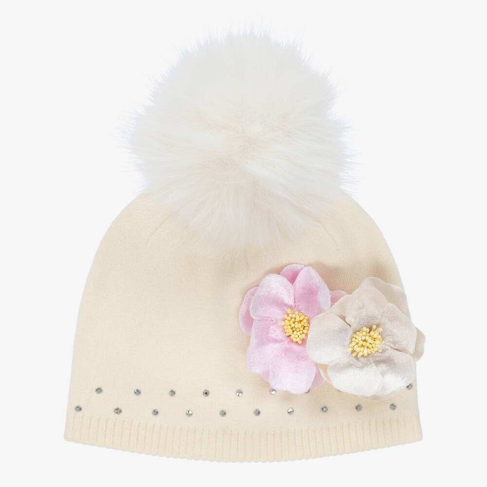 Monnalisa - Girls Ivory Diamanté Pom-Pom Hat | Childrensalon