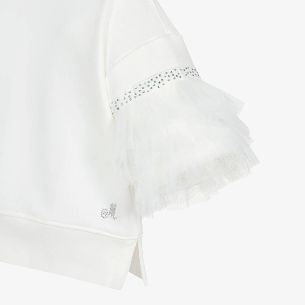 Monnalisa-سويتشيرت قطن وتول لون عاجي مزين بديامنتي | Childrensalon Outlet